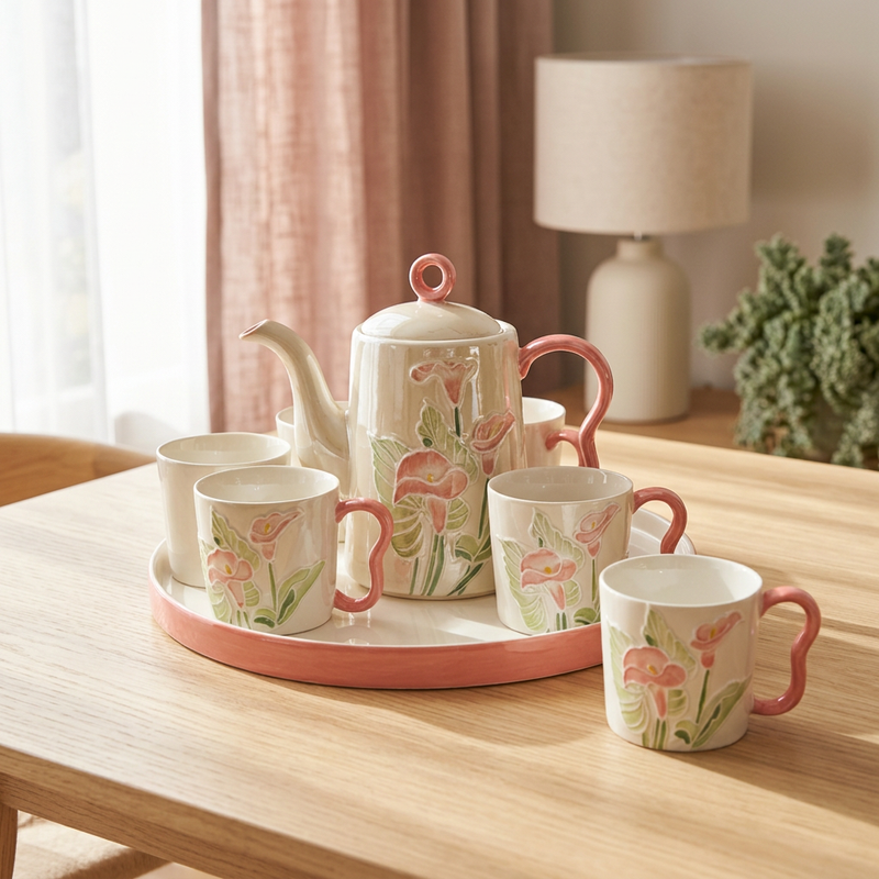 3D Lily Embossed Teapot & Cup Set with Round Tray