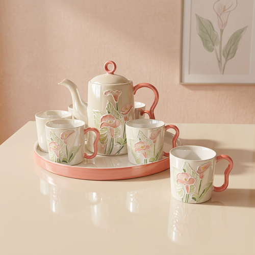 3D Lily Embossed Teapot & Cup Set with Round Tray