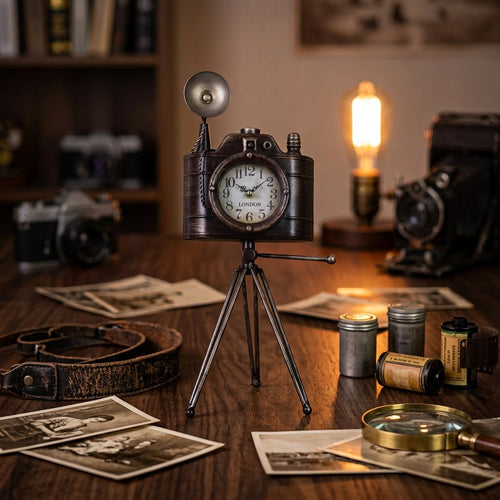 Vintage Camera-Style Table Clock on Tripod