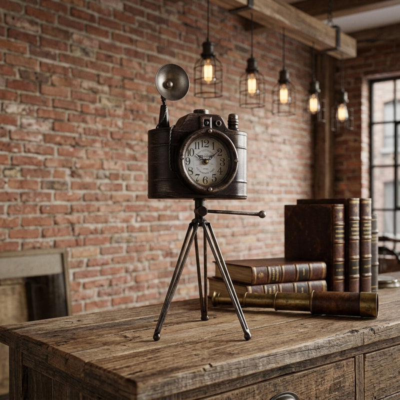 Vintage Camera-Style Table Clock on Tripod