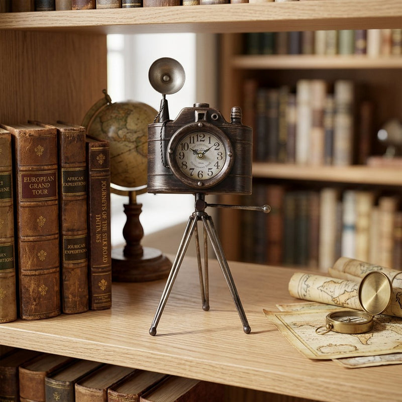 Vintage Camera-Style Table Clock on Tripod