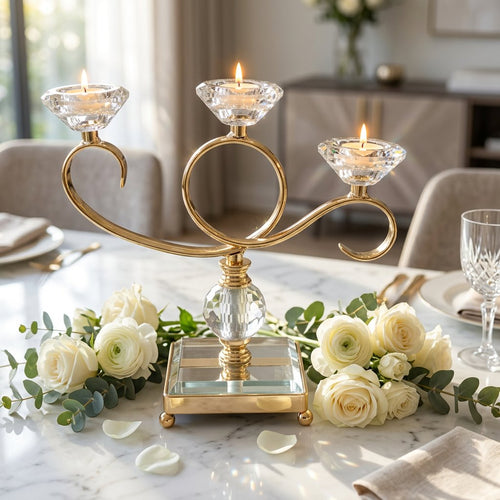 Elegant 3 Arm Crystal Gold Candle Holder