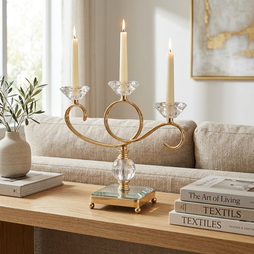 Elegant 3 Arm Crystal Gold Candle Holder