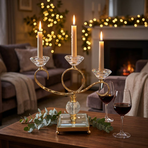 Elegant 3 Arm Crystal Gold Candle Holder
