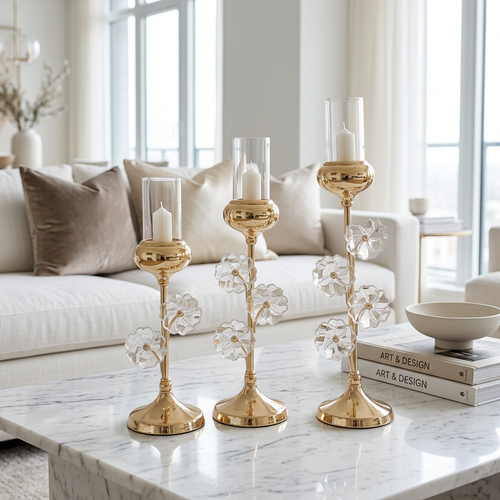 Elegant Gold Stem Crystal Petal Candle Stand Set of 3