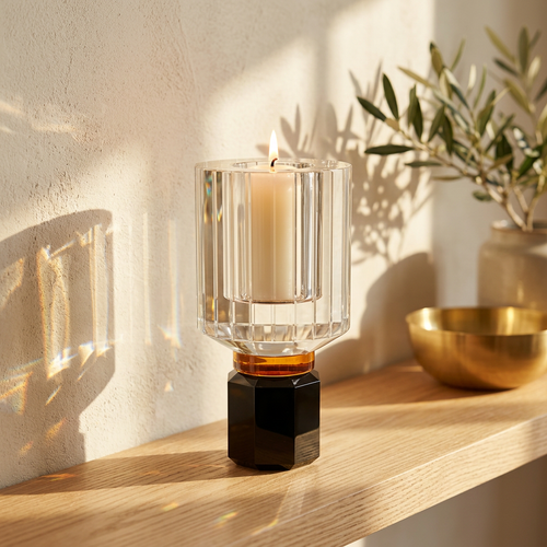 Cut Crystal Hurricane Candle Holder on Hexagonal Base