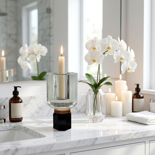 Cut Crystal Hurricane Candle Holder on Hexagonal Base