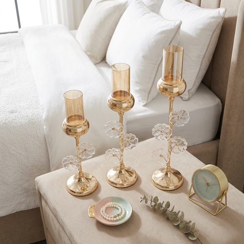 Elegant Gold Stem Crystal Petal Candle Stand Set of 3