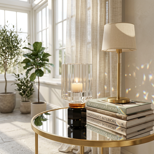 Cut Crystal Hurricane Candle Holder on Hexagonal Base