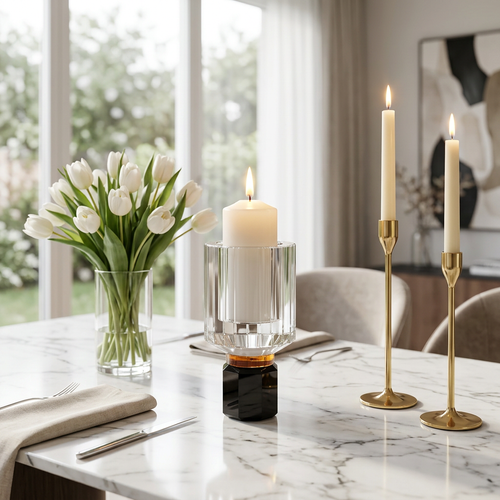 Cut Crystal Hurricane Candle Holder on Hexagonal Base