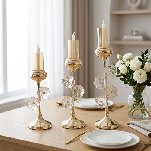 Elegant Gold Stem Crystal Petal Candle Stand Set of 3