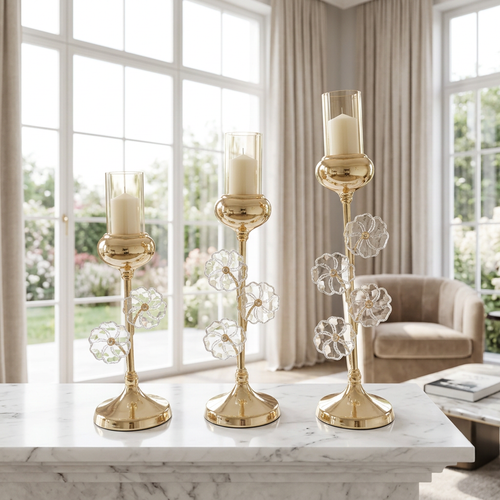 Elegant Gold Stem Crystal Petal Candle Stand Set of 3