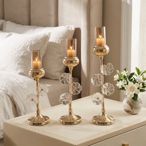 Elegant Gold Stem Crystal Petal Candle Stand Set of 3