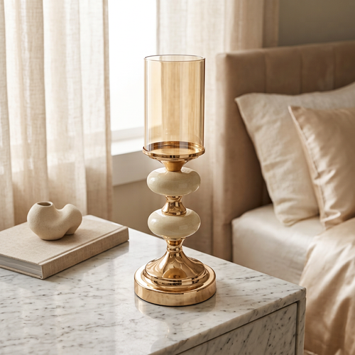 Elegant Gold & Amber Glass Pillar Candle Stand