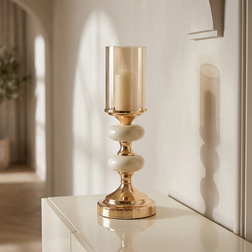 Elegant Gold & Amber Glass Pillar Candle Stand