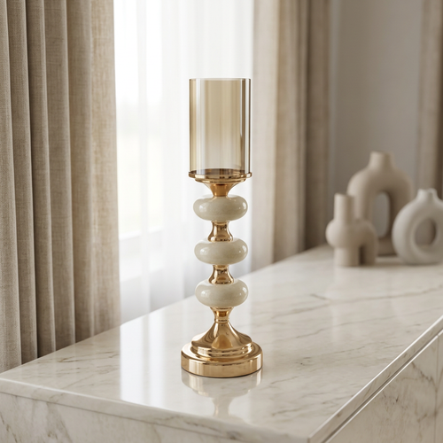 Triple Bead Gold Pedestal Candle Holder