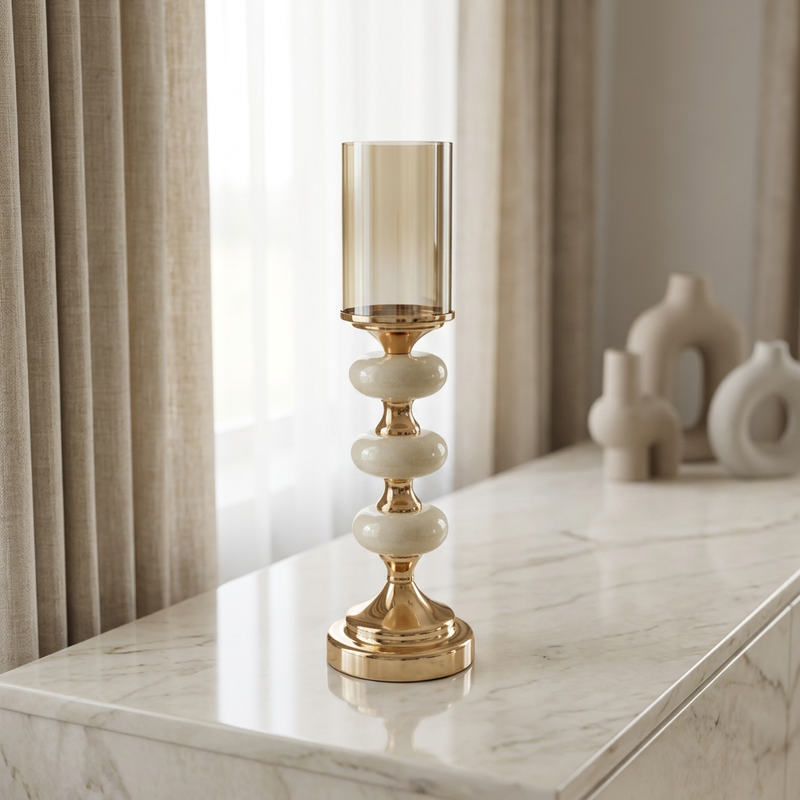 Triple Bead Gold Pedestal Candle Holder