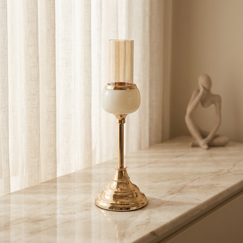 Elegant Cream Onyx Accent Gold Pillar Holder