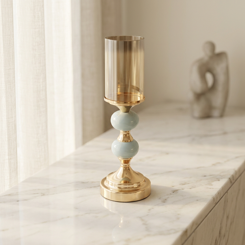 Modern Double Mint Green Accent Gold Candle Stand