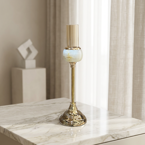 Polished Gold & Cream Onyx Marble Candle Stand