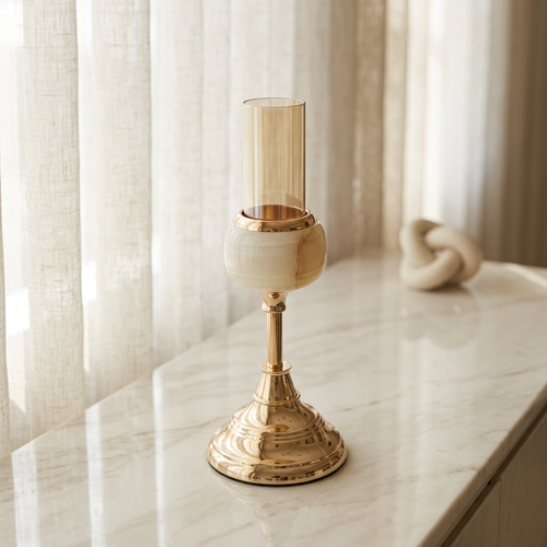 Cream Marble Accent Gold Candle Stand