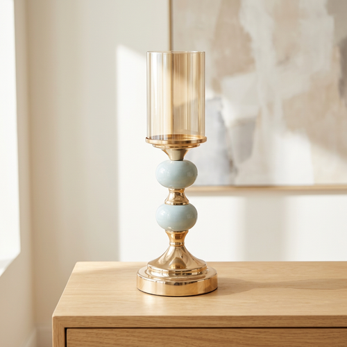 Modern Double Mint Green Accent Gold Candle Stand
