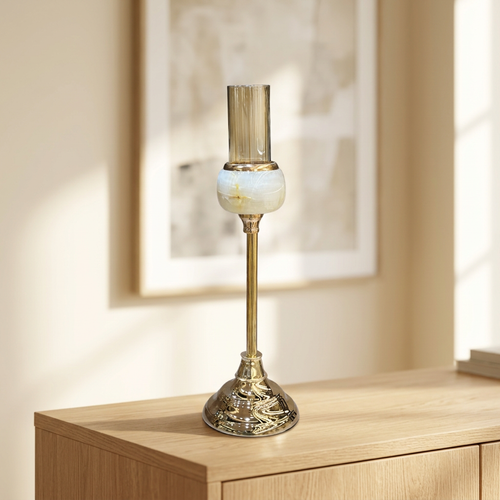 Polished Gold & Cream Onyx Marble Candle Stand
