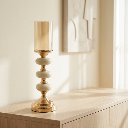 Triple Bead Gold Pedestal Candle Holder