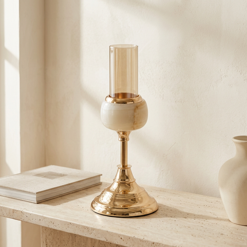 Cream Marble Accent Gold Candle Stand