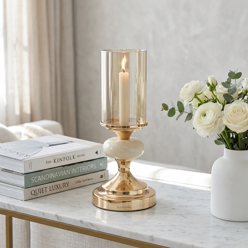 Elegant Polished Gold & Amber Glass Candle Holder