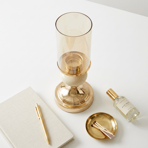 Elegant Polished Gold & Amber Glass Candle Holder