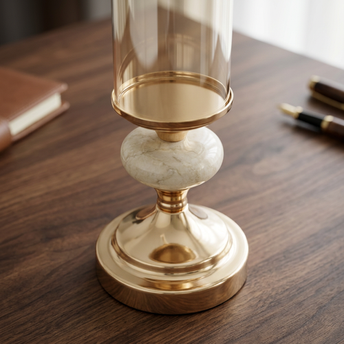 Elegant Polished Gold & Amber Glass Candle Holder