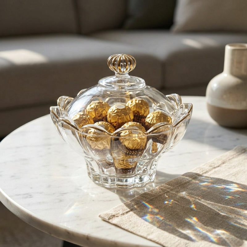 Elegant Crystal Candy Jar with Scalloped Petal Design
