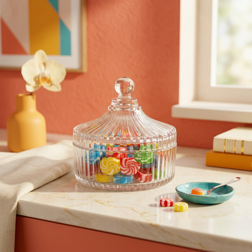 Vintage Carousel Glass Candy Jar with Lid 5.5 Inch