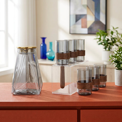 Modern Glass Jug & Glass Set with Wood Details