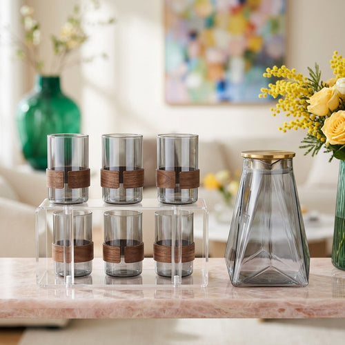 Modern Glass Jug & Glass Set with Wood Details