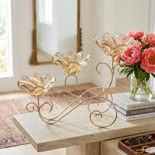 Elegant 3 Tier Gold Scrollwork Stand with Amber Glass Bowls