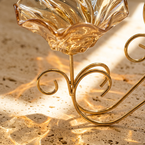 Elegant 3 Tier Gold Scrollwork Stand with Amber Glass Bowls