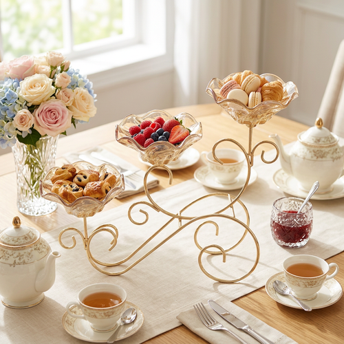 Elegant 3 Tier Gold Scrollwork Stand with Amber Glass Bowls