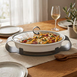 Oval Ceramic Baking Dish with Glass Lid and Metal Stand