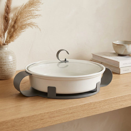 Oval Ceramic Baking Dish with Glass Lid and Metal Stand