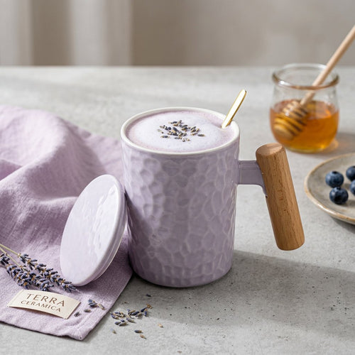 Nordic Textured Ceramic Mug with Wooden Handle & Lid