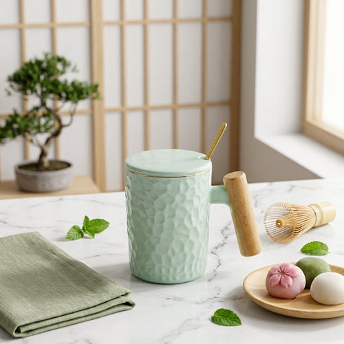 Nordic Textured Ceramic Mug with Wooden Handle & Lid