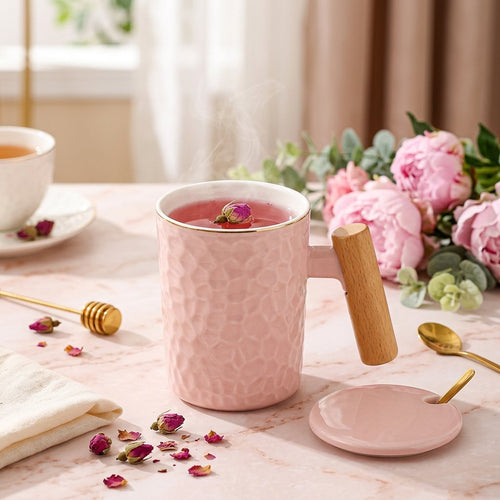 Nordic Textured Ceramic Mug with Wooden Handle & Lid