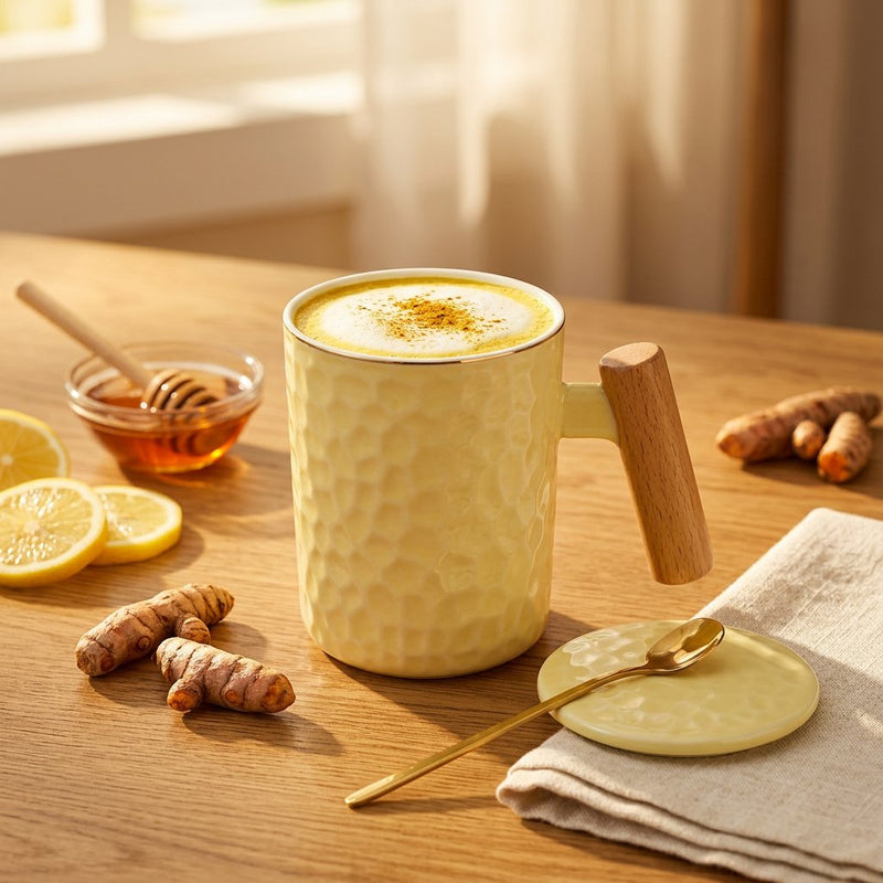 Nordic Textured Ceramic Mug with Wooden Handle & Lid