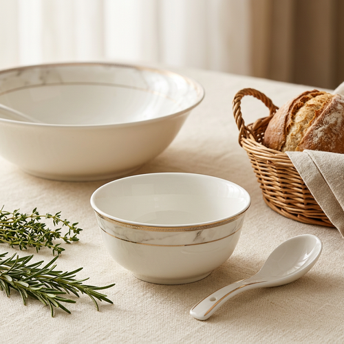 Elegant Ceramic Soup Bowl and Spoon Set 14 Piece