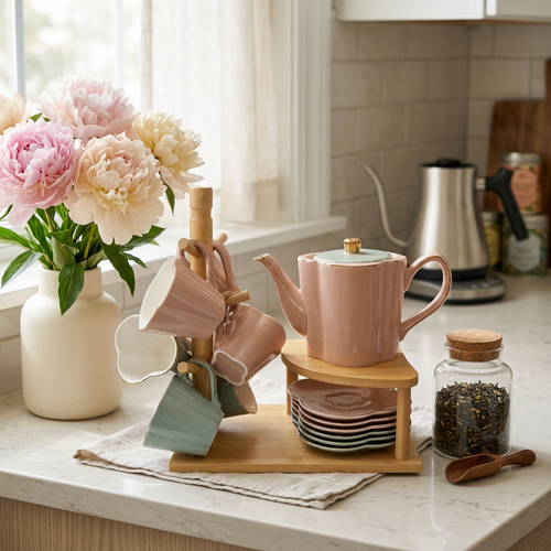 Petal Contour Tea Set with Gold Trim & Wooden Stand