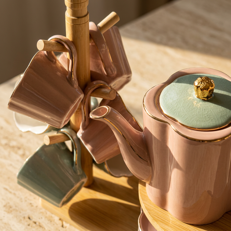 Petal Contour Tea Set with Gold Trim & Wooden Stand
