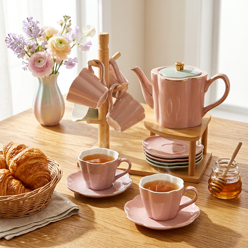 Petal Contour Tea Set with Gold Trim & Wooden Stand