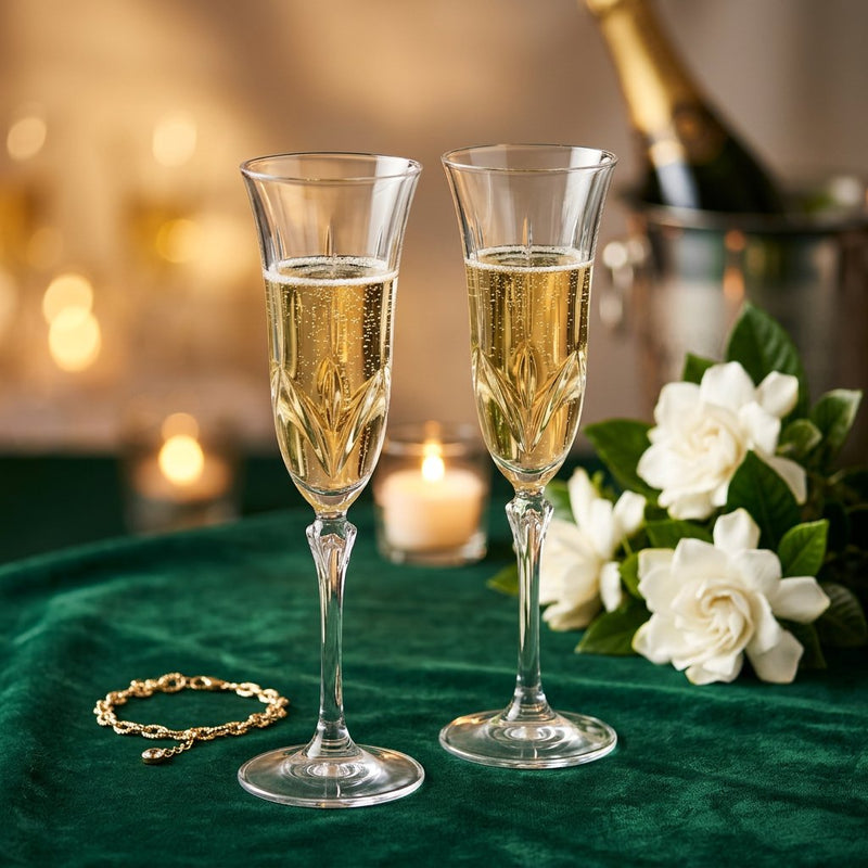 Elegant Champagne Glass with Leaf & Petal Engraving
